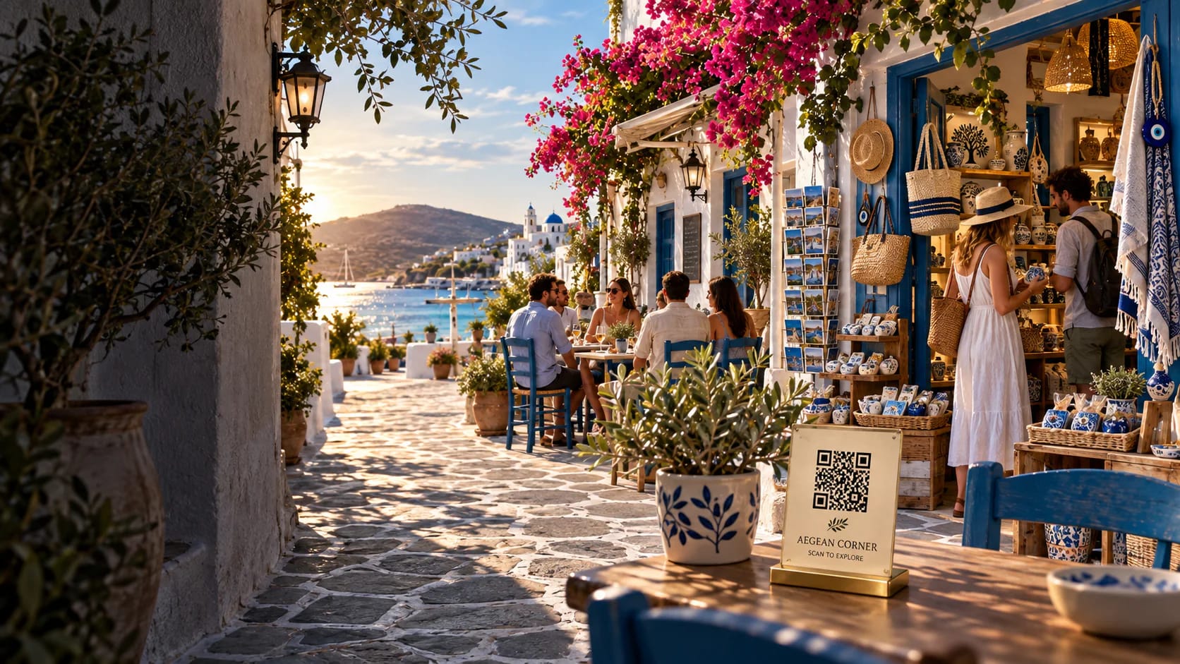 Ένα παραθαλάσσιο ελληνικό καφέ με γαλάζιο ουρανό, τιρκουάζ νερά και ένα σταντ με κωδικό QR για το μενού πάνω σε τραπέζι.
